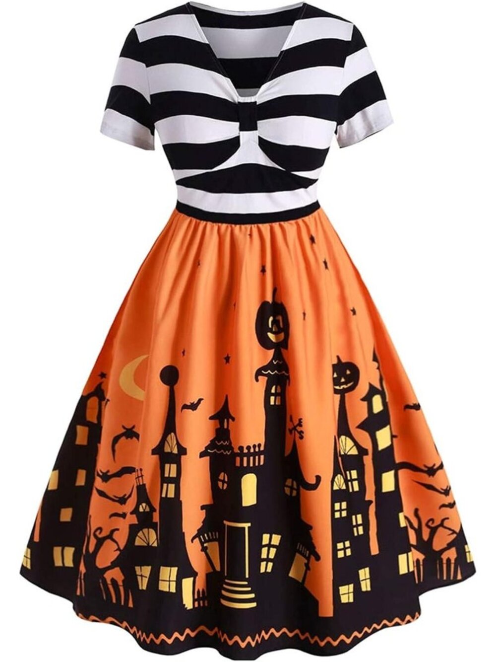 🎃Women's Orange Funny Striped A-line V Neck Short Sleeve Halloween Dresses